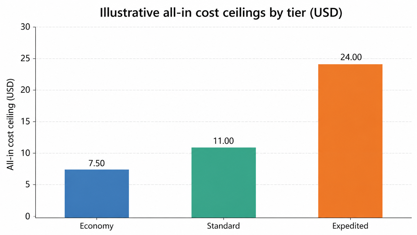 Bar chart: illustrative all-in cost ceilings by tier (USD), Economy 7.5, Standard 11, Expedited 24