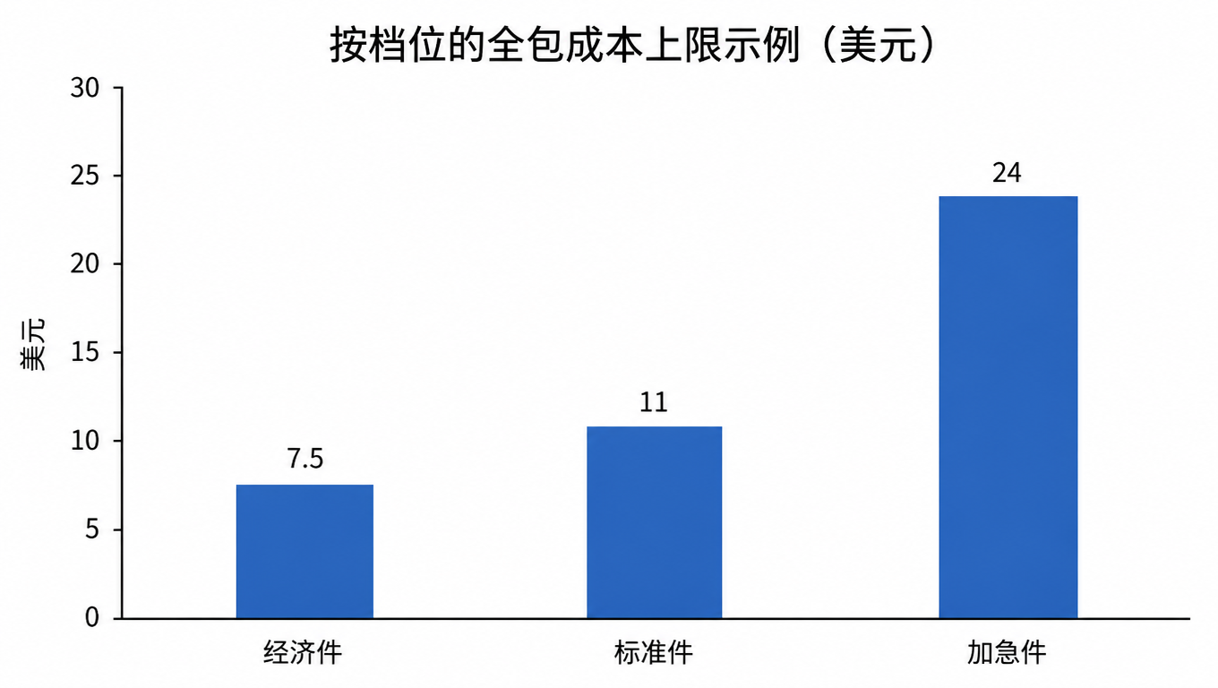 柱状图:按档位的全包成本上限示例(美元),经济件 7.5、标准件 11、加急件 24
