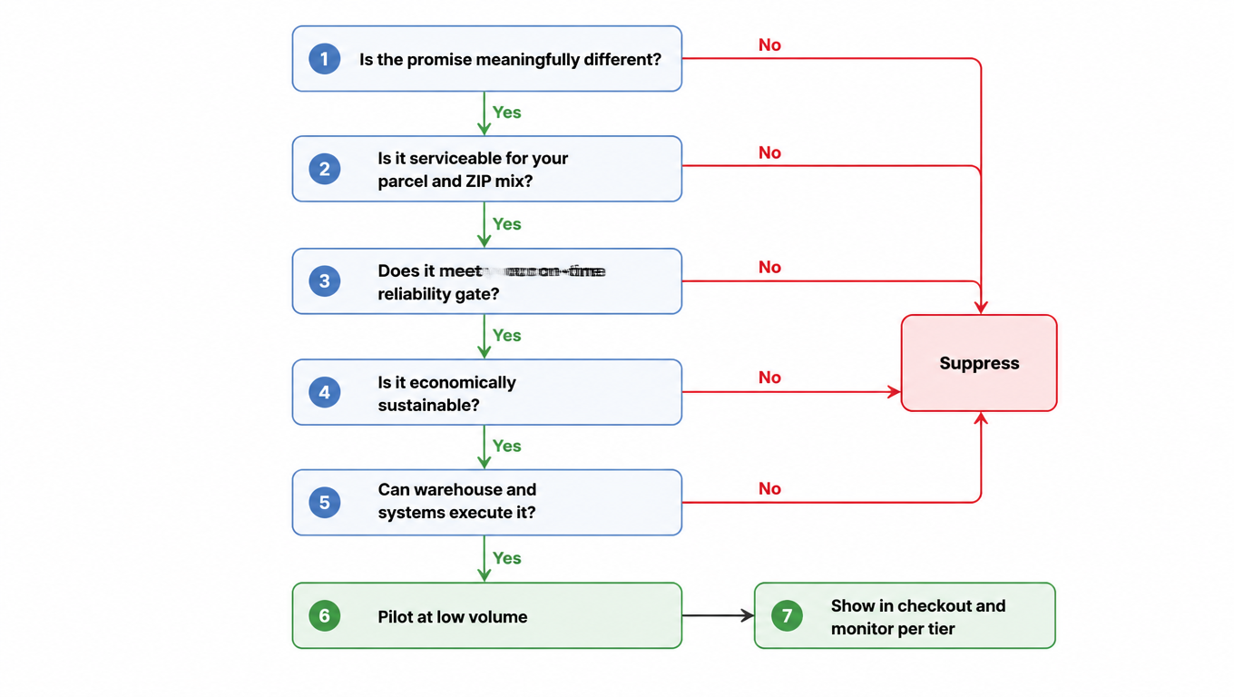 Decision tree: is the promise meaningfully different, else suppress; is it serviceable for your parcel and ZIP mix, else suppress; does it meet your on-time reliability gate, else suppress; is it economically sustainable, else suppress; can warehouse and systems execute it, else suppress; then pilot at low volume, then show in checkout and monitor per tier