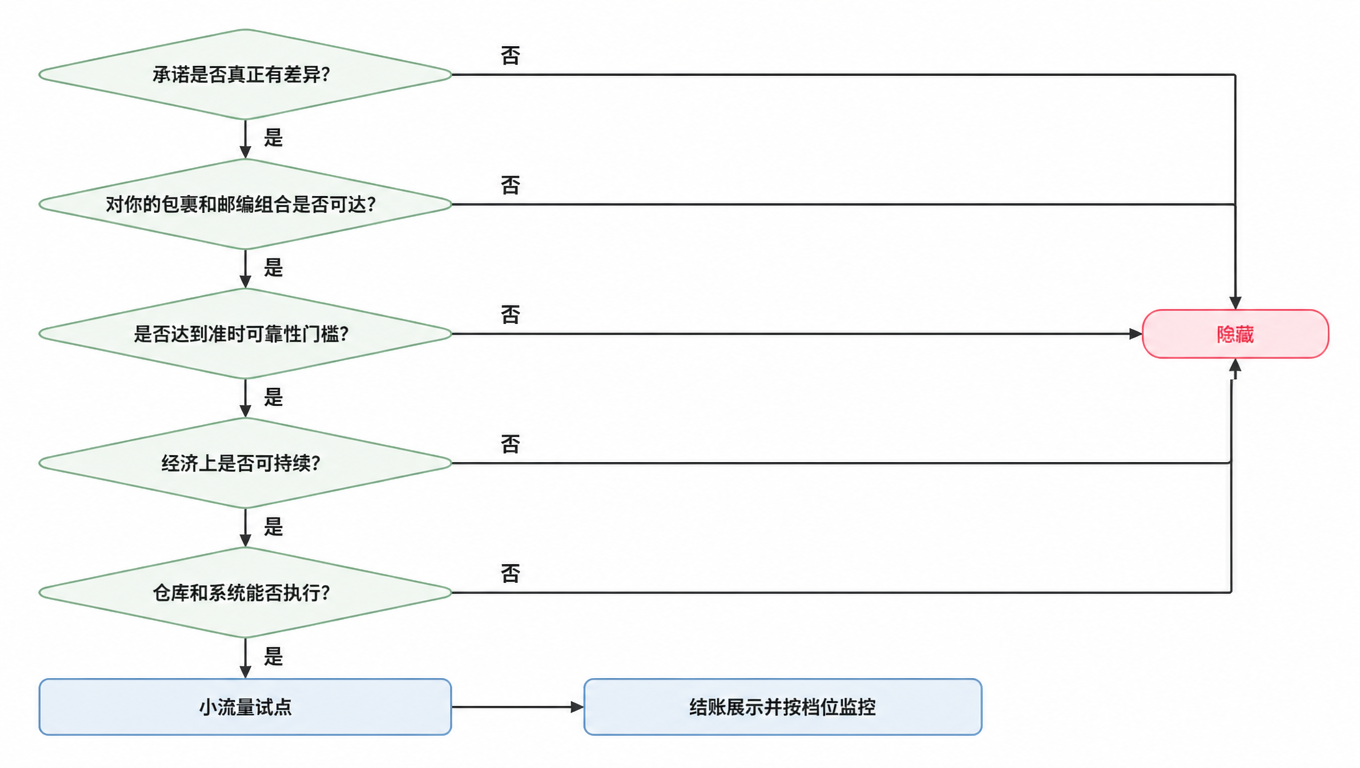 决策树:承诺是否真正有差异,否则隐藏;对你的包裹和邮编组合是否可达,否则隐藏;是否达到准时可靠性门槛,否则隐藏;经济上是否可持续,否则隐藏;仓库和系统能否执行,否则隐藏;全部通过则小流量试点,然后结账展示并按档位监控