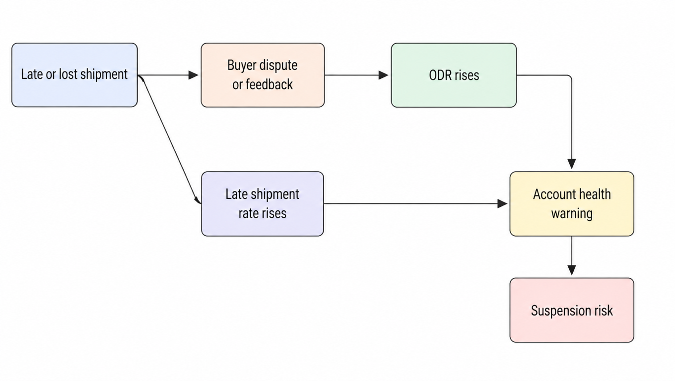 Flowchart: a late or lost shipment leads to a buyer dispute or negative feedback (raising ODR) and a rising late shipment rate at the same time; both feed an account health warning that escalates to suspension risk