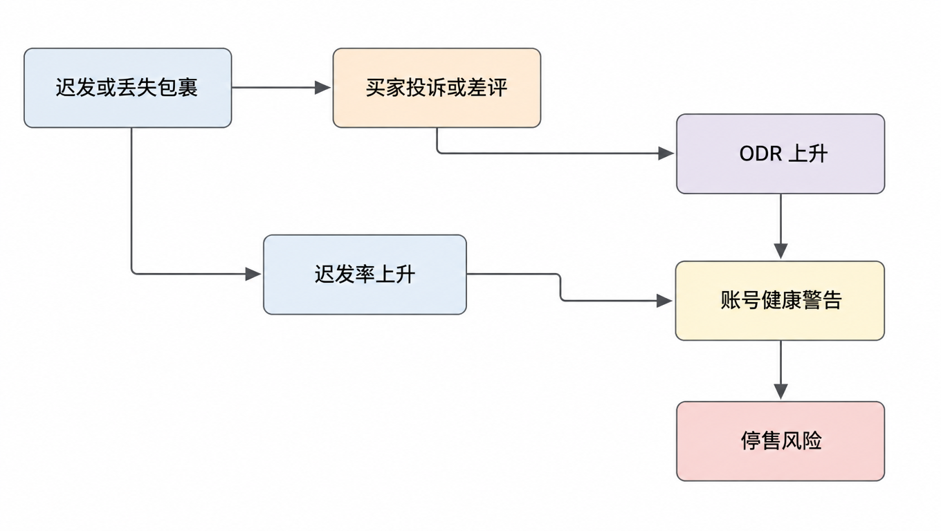 流程图：迟发或丢失的包裹同时导致买家投诉或差评（推高 ODR）与迟发率上升，两者共同触发账号健康警告，进而升级为停售风险