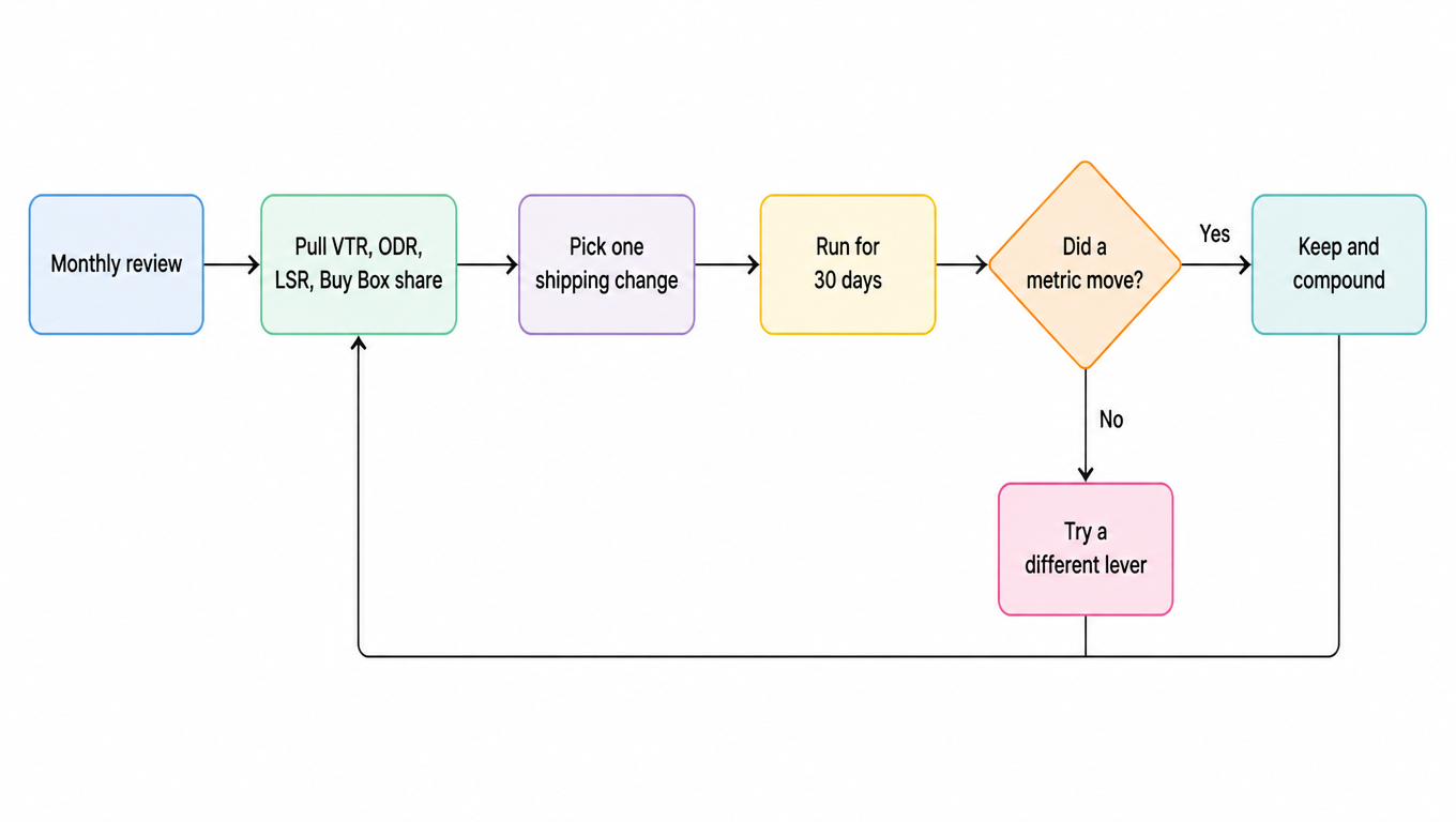 Flowchart: the monthly review pulls VTR, ODR, late shipment rate, and Buy Box share, picks one shipping change, runs it for 30 days, then checks whether a metric moved; if yes, keep and compound, if no, try a different lever, and the loop repeats
