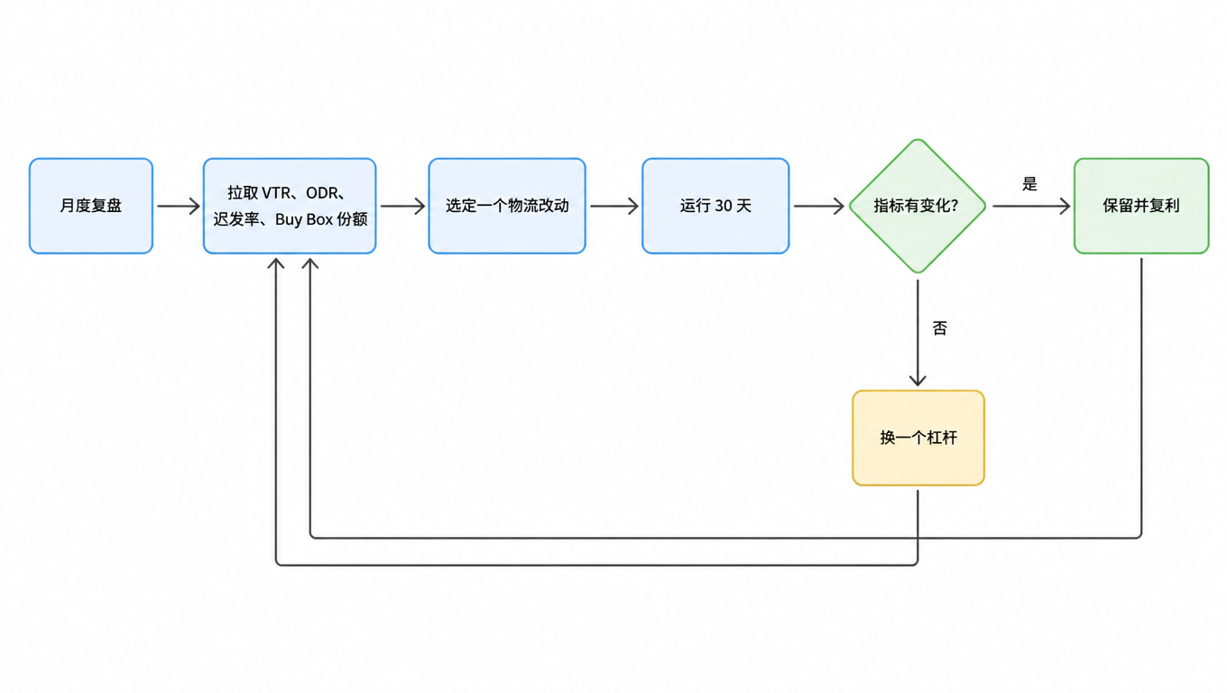 流程图：月度复盘拉取 VTR、ODR、迟发率、Buy Box 份额，选定一个物流改动，运行 30 天，检查指标是否有变化，有则保留并复利，无则换一个杠杆，循环往复