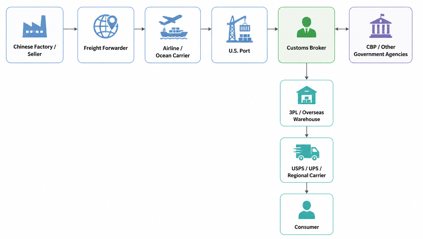 Full supply chain flow: Chinese factory/seller to freight forwarder to carrier to U.S. port to customs broker (with CBP) to 3PL warehouse to last-mile carrier to consumer