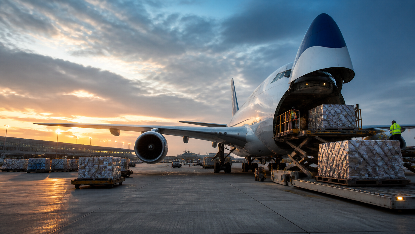Wide shot of a cargo plane being unloaded at a U.S. airport at dawn, cargo containers and a logistics warehouse in the background