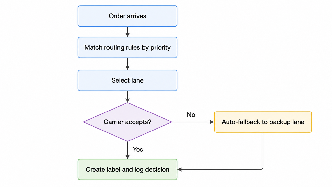 Routing decision flowchart: order arrives, match routing rules by priority, select lane, does the carrier accept; if not, auto-fallback to backup lane; if yes, create label and log the decision