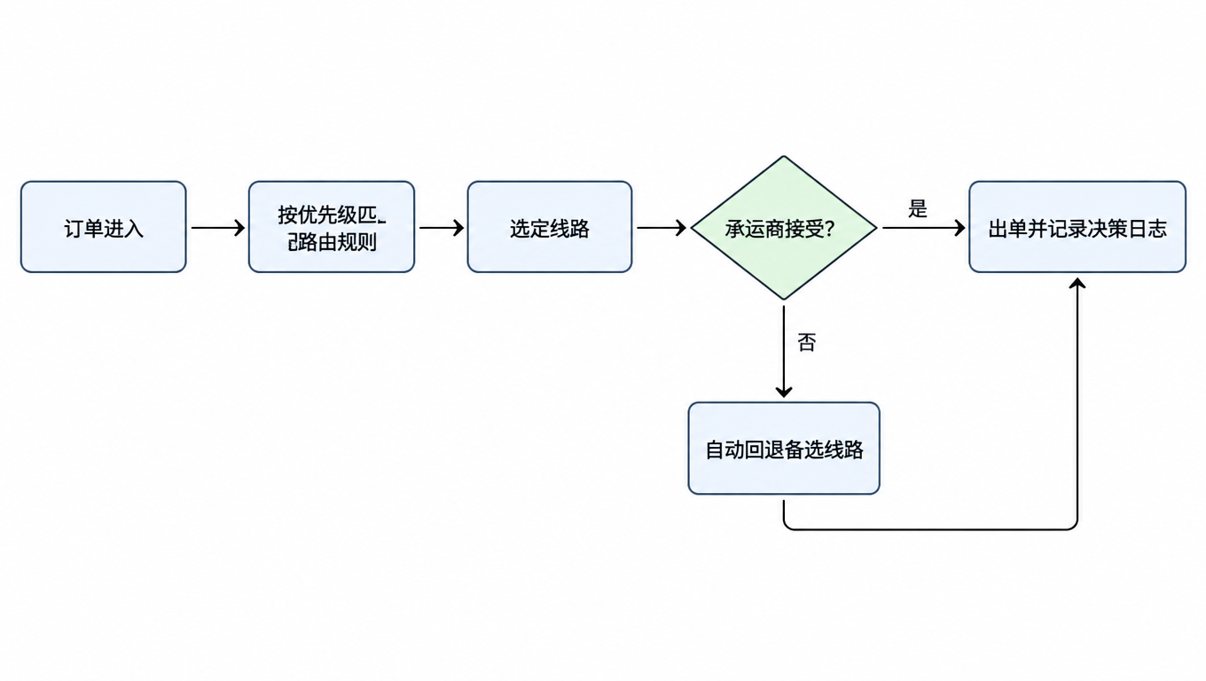 路由决策流程图：订单进入、按优先级匹配路由规则、选定线路、承运商是否接受，否自动回退备选线路，是出单并记录决策日志