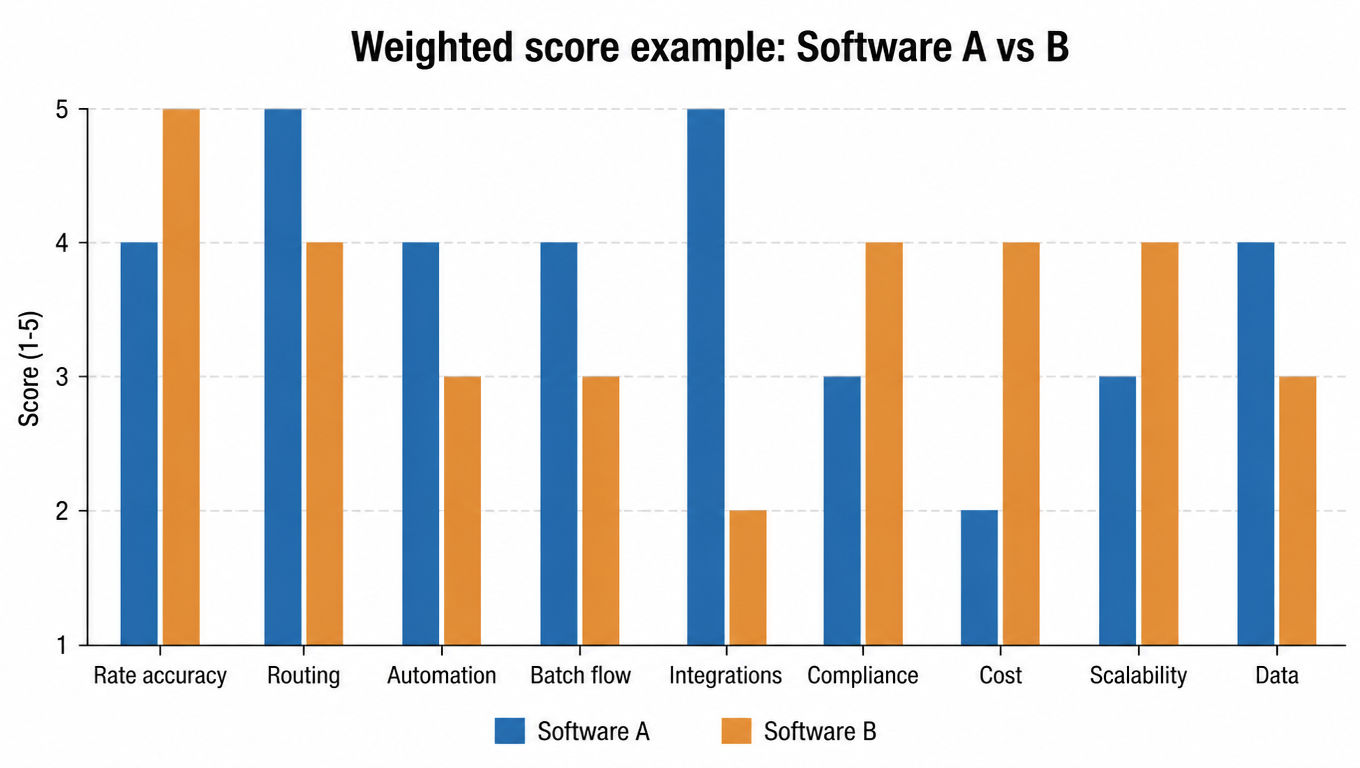 Bar chart: Software A vs B scores across nine dimensions; A leads on routing and integration depth, B leads on rate accuracy and cost
