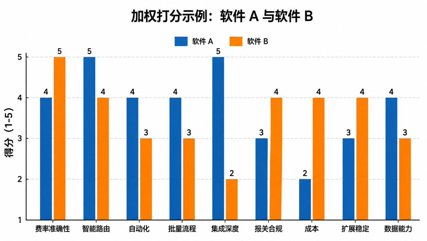 柱状图：软件 A 与软件 B 九个维度得分对比，A 在智能路由、集成深度领先，B 在费率准确性、成本领先