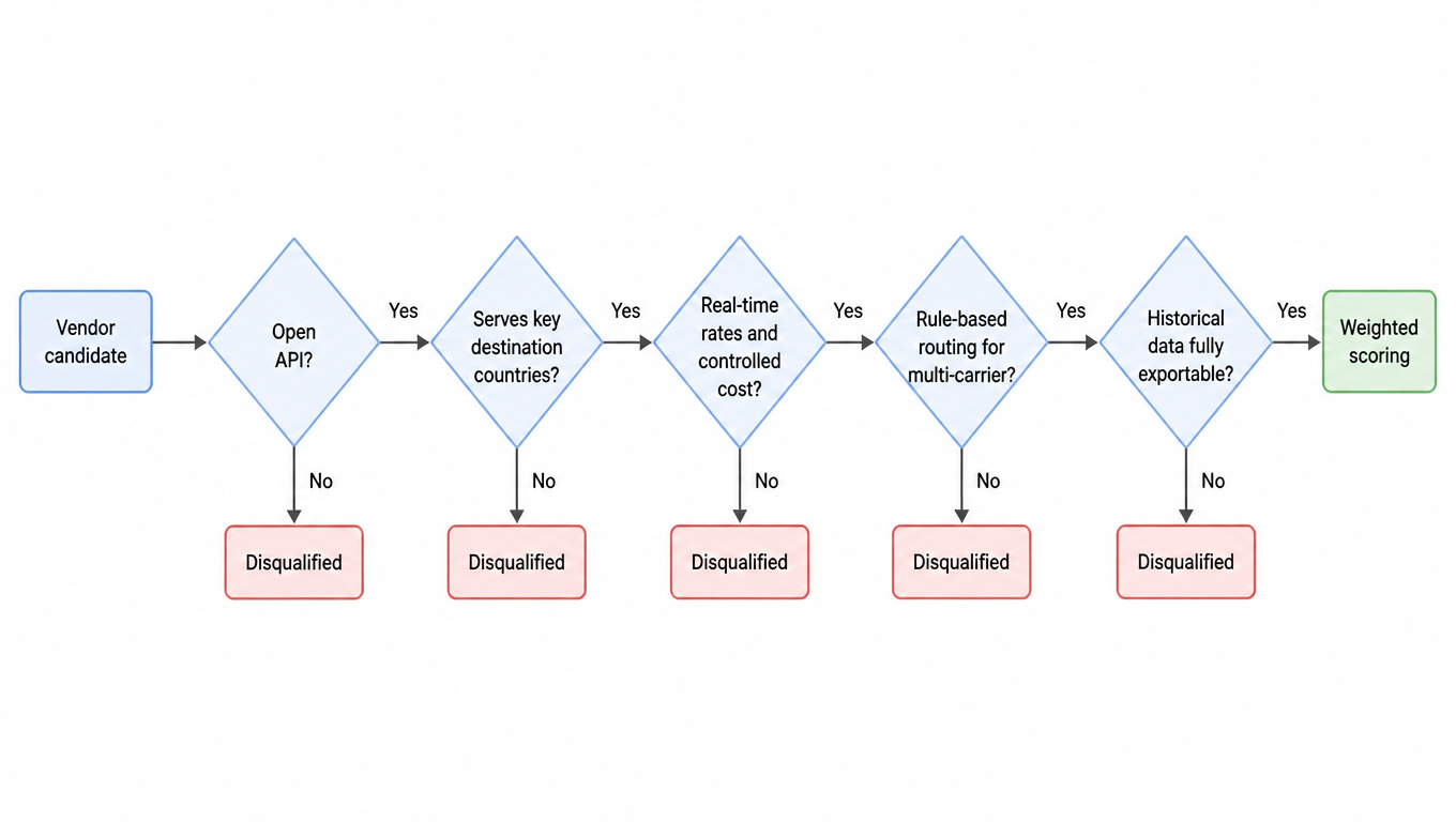 Veto decision tree: a candidate checks open API, key destination coverage, real-time rates with controlled cost, rule-based routing for multi-carrier, and exportable history; any failure eliminates it, passing all moves it to weighted scoring