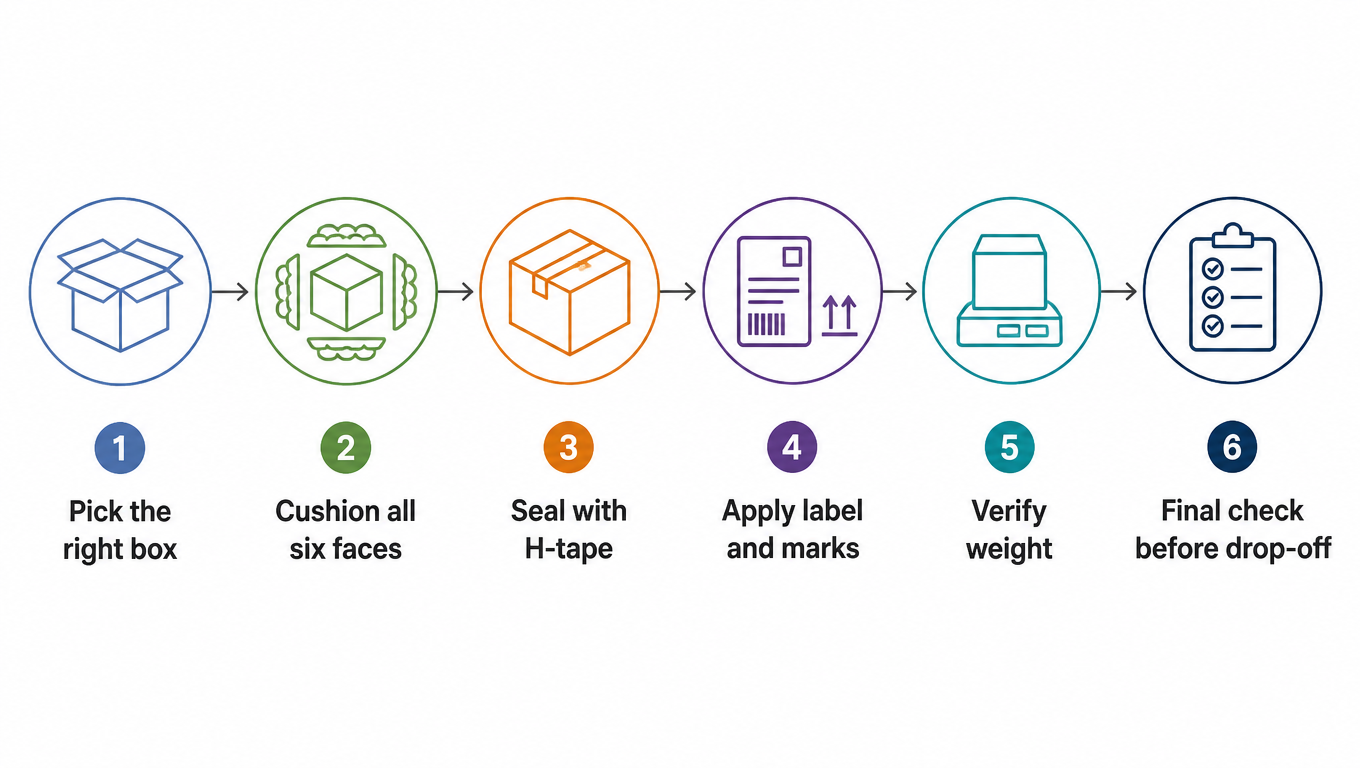 Flow diagram: pick the right box, cushion all six faces, seal with H-tape, apply label and marks, verify weight, final check before drop-off