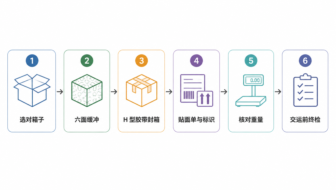 流程图:选对箱子、六面缓冲、H 型胶带封箱、贴面单与标识、核对重量、交运前终检