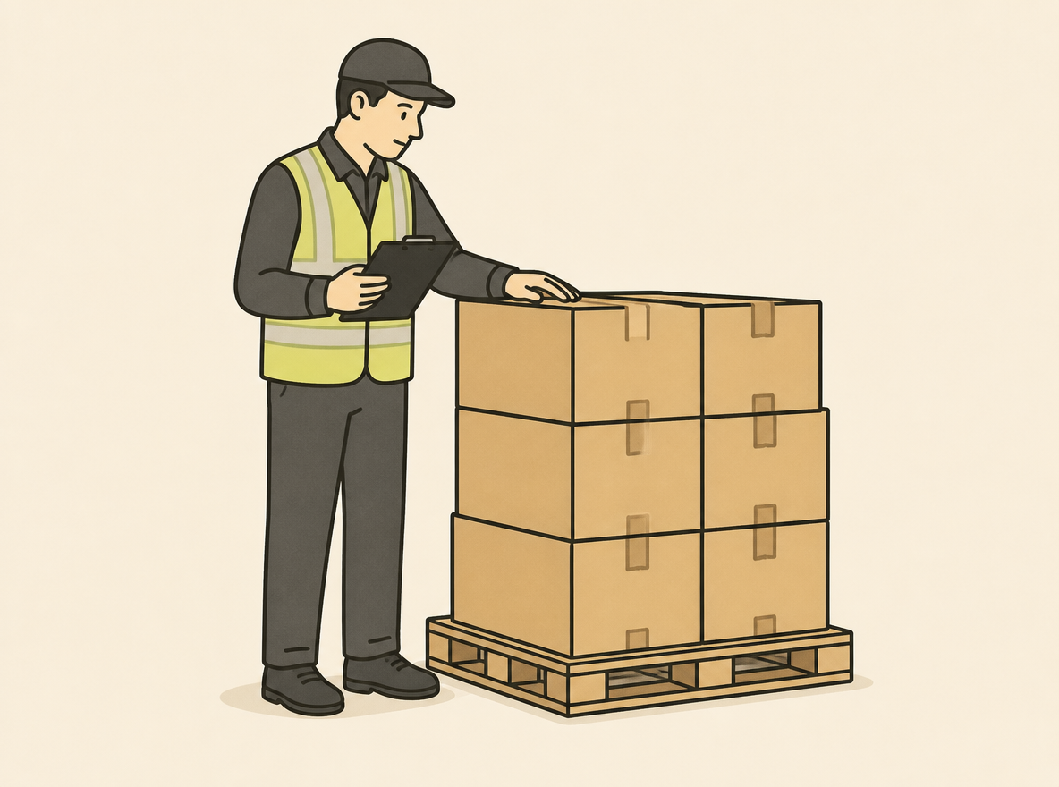 A customs officer in a high-vis vest inspects stacked cardboard boxes on a pallet inside a cargo warehouse