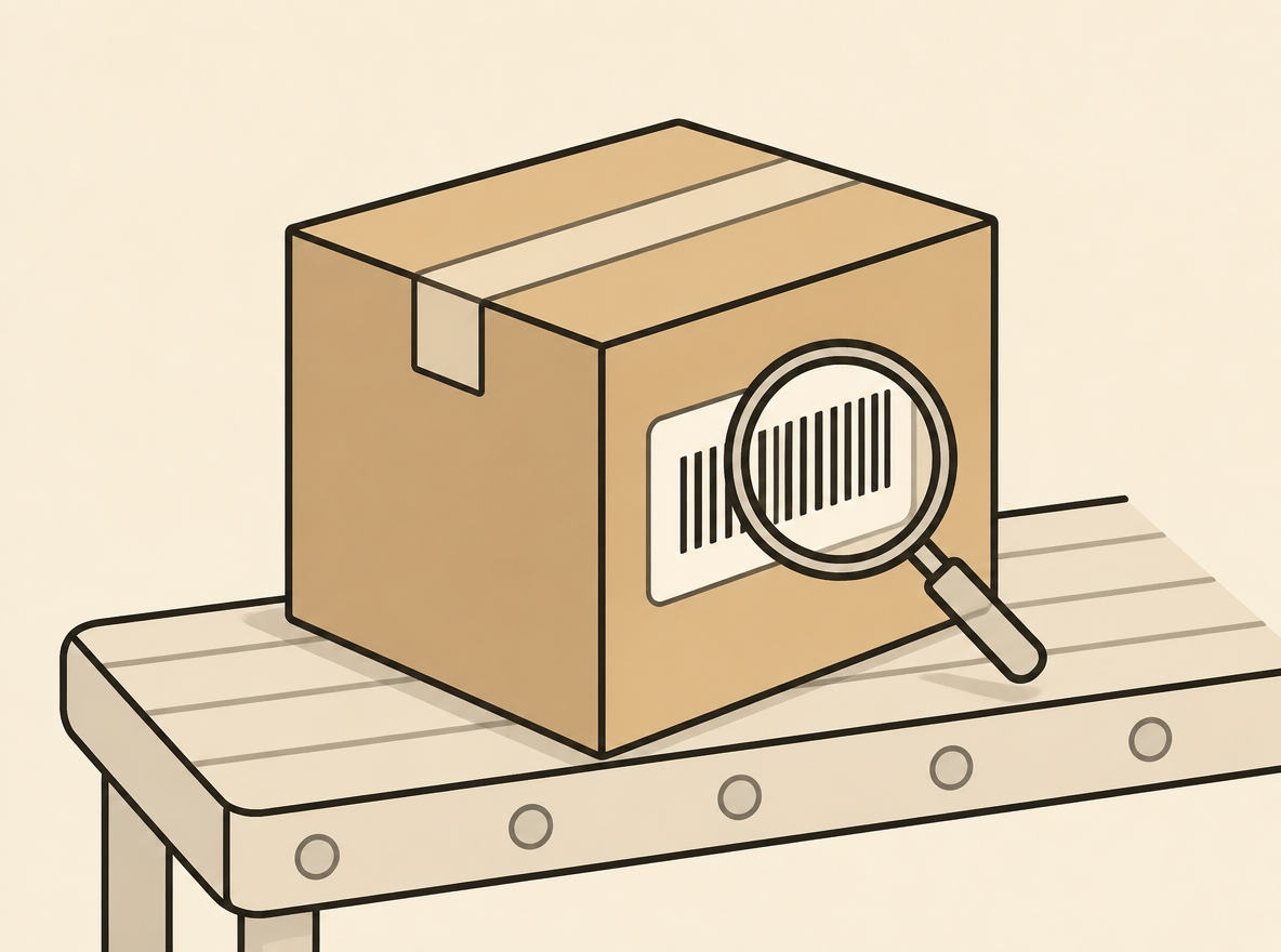 A clean technical illustration of a cardboard parcel with a barcode label on a shipping dock, with a magnifying glass hovering over the label