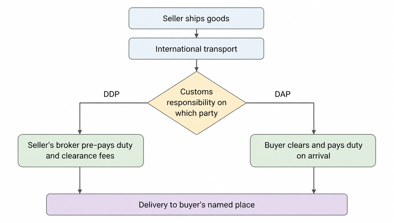 Flow: seller ships, international transport, where does customs responsibility sit: DDP seller's broker pre-pays duty and clearance fees, DAP buyer clears and pays on arrival, both end in delivery to the buyer's named place