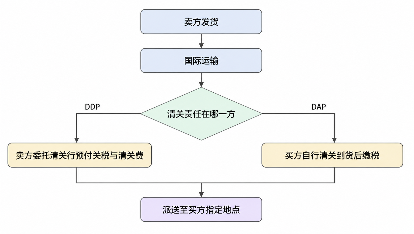 流程图:卖方发货、国际运输、清关责任在哪一方:DDP 由卖方委托清关行预付关税与清关费,DAP 由买方自行清关到货后缴税,最终都派送至买方指定地点