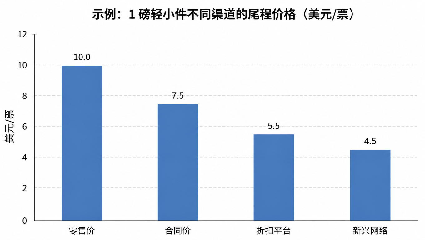 示例柱状图：1 磅轻小件不同渠道的尾程价格，零售价 10 美元、合同价 7.5、折扣平台 5.5、新兴网络 4.5