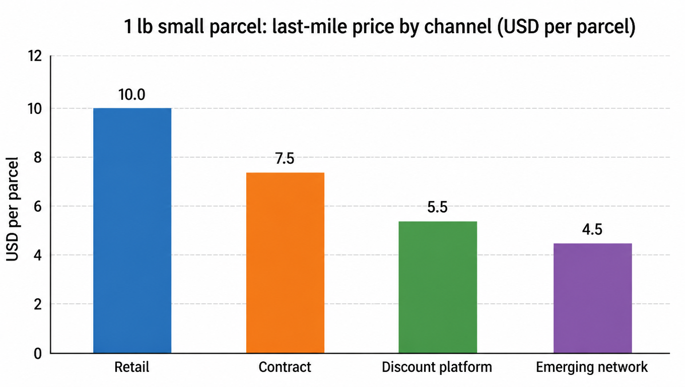Bar chart: 1 lb small parcel last-mile price by channel, retail $10, contract $7.50, discount platform $5.50, emerging network $4.50