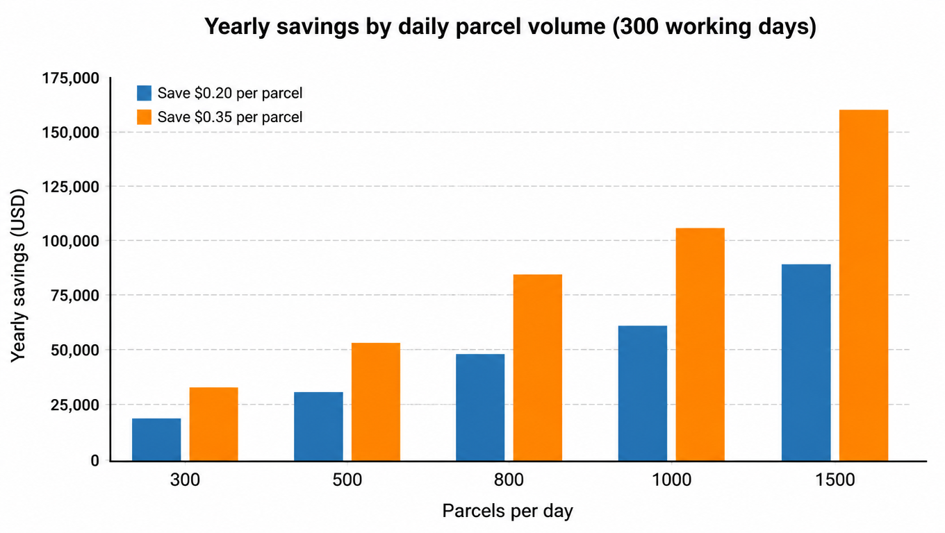 Bar chart of yearly savings by daily parcel volume (300 working days): save $0.20 vs $0.35 per parcel