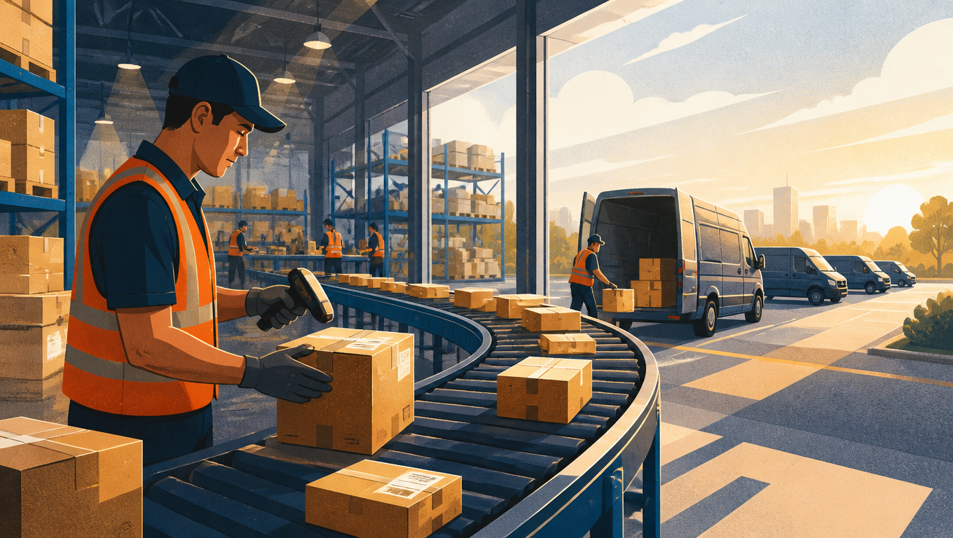 A busy US warehouse shipping area with workers scanning and labeling parcels on a conveyor feeding last-mile delivery vans