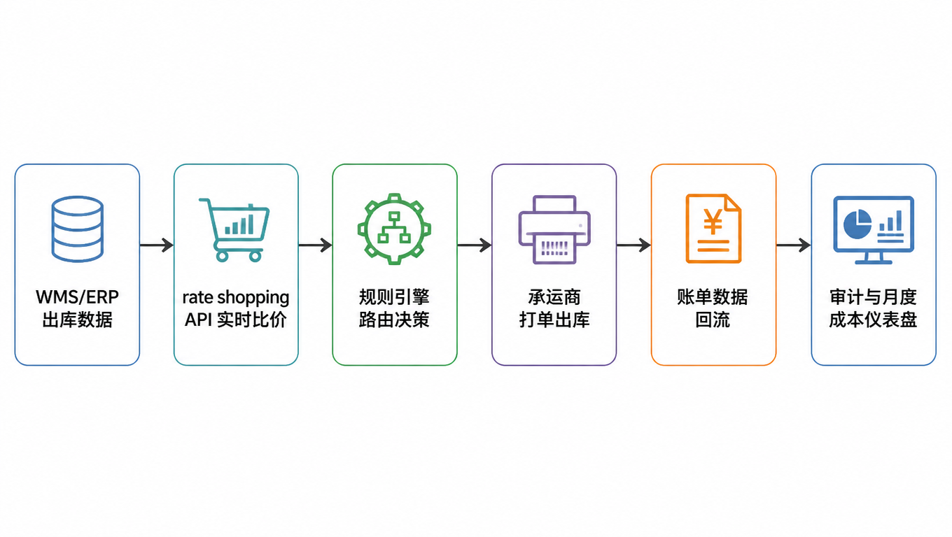 数据闭环流程图：WMS/ERP 出库数据到 rate shopping API、规则引擎路由、打单出库、账单回流、审计与月度仪表盘
