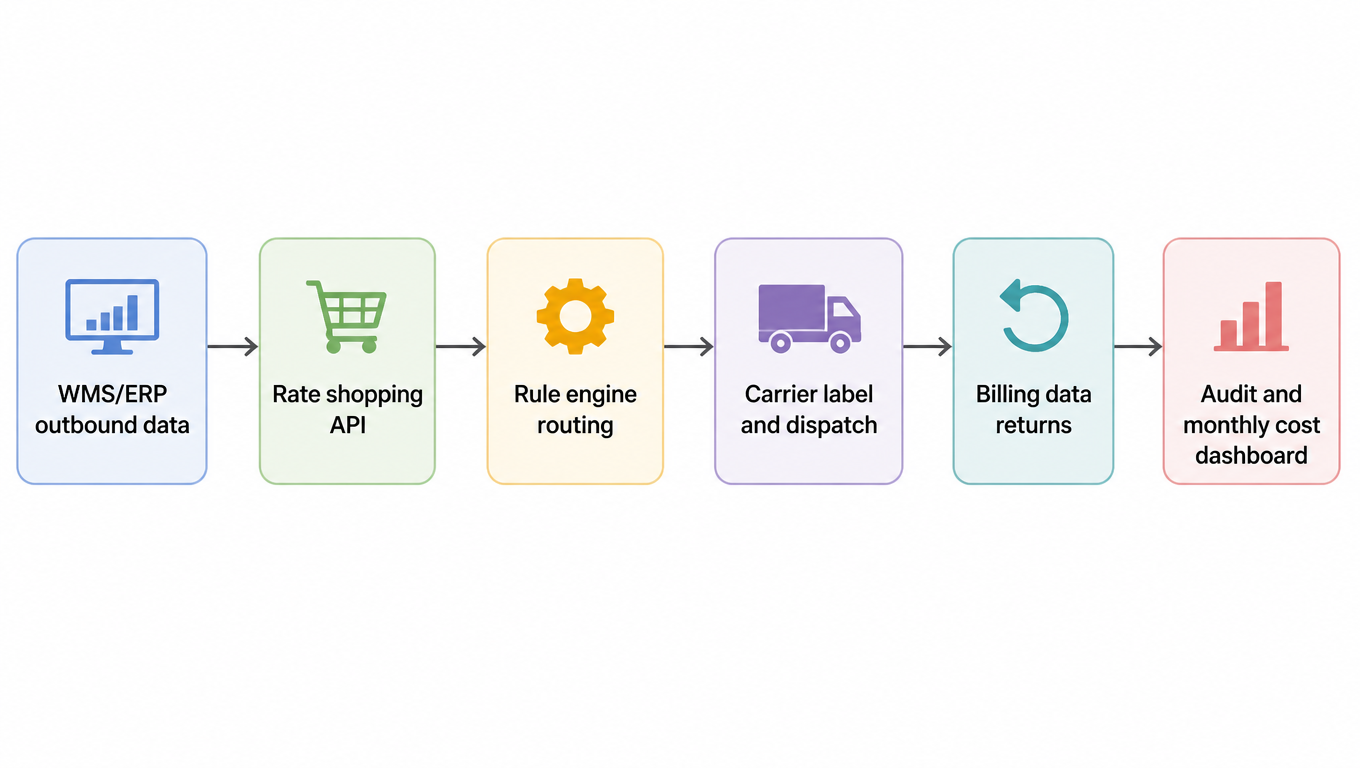Flow diagram: WMS/ERP outbound data to rate shopping API, rule engine routing, carrier labeling, billing returns, audit and monthly dashboard