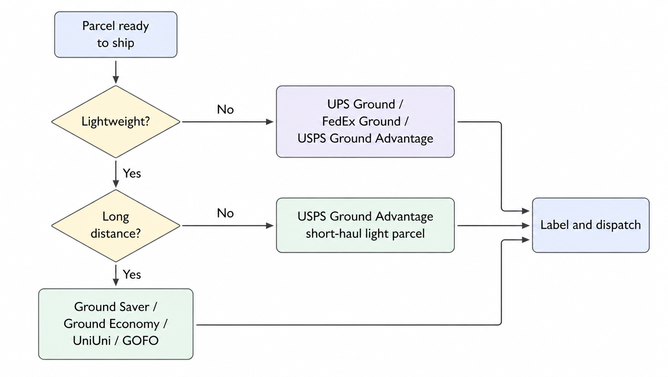 Routing decision flowchart: light long-distance parcels to Ground Saver / Ground Economy / UniUni / GOFO, heavy or short-haul parcels to Ground