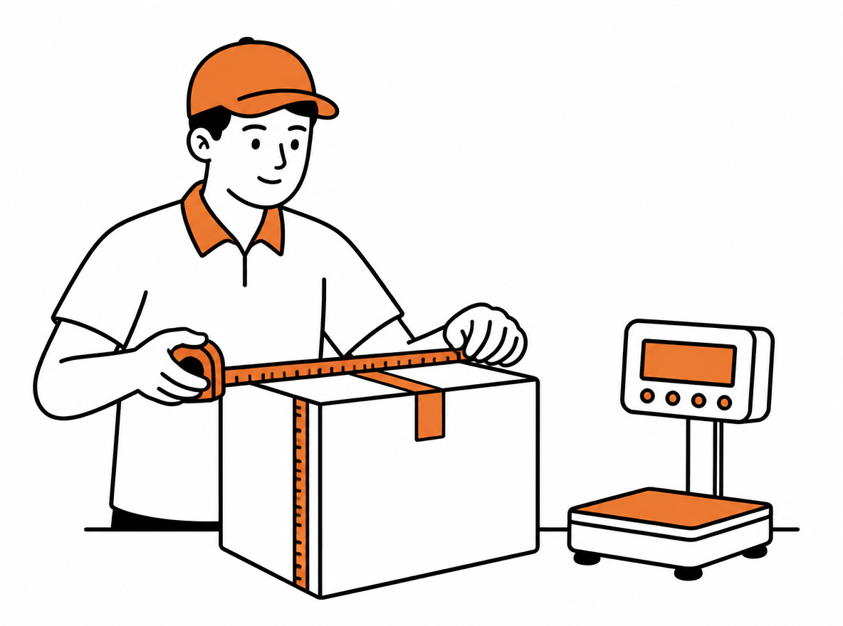 A worker measuring the length, width, and height of a cardboard box with a tape measure next to a small dimensional-weight scale