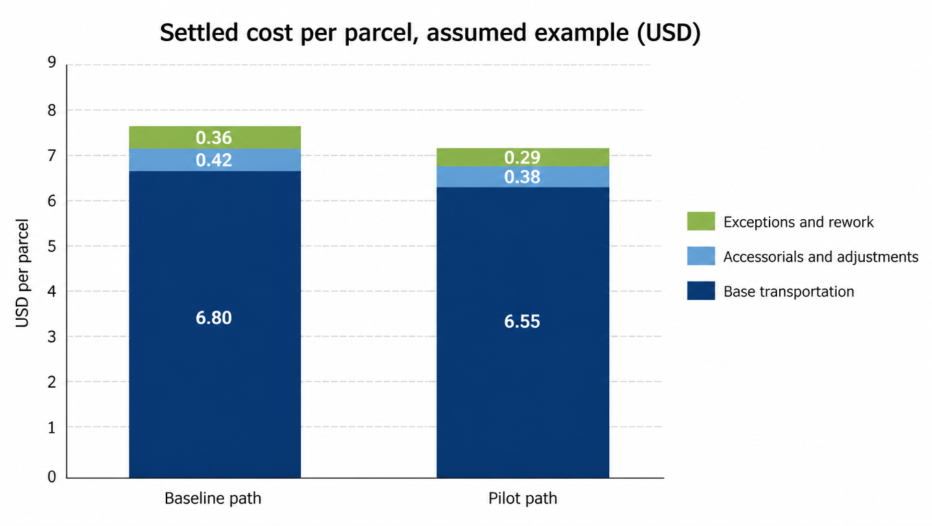 Stacked bar chart splitting settled cost per parcel into base transportation, accessorials and adjustments, and exceptions and rework for the baseline and pilot paths, an assumed example of 7.58 against 7.22 dollars
