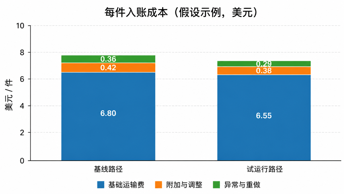 堆叠柱状图:基线路径与试运行路径的每件入账成本拆成基础运输费、附加与调整、异常与重做,假设示例为 7.58 美元对 7.22 美元