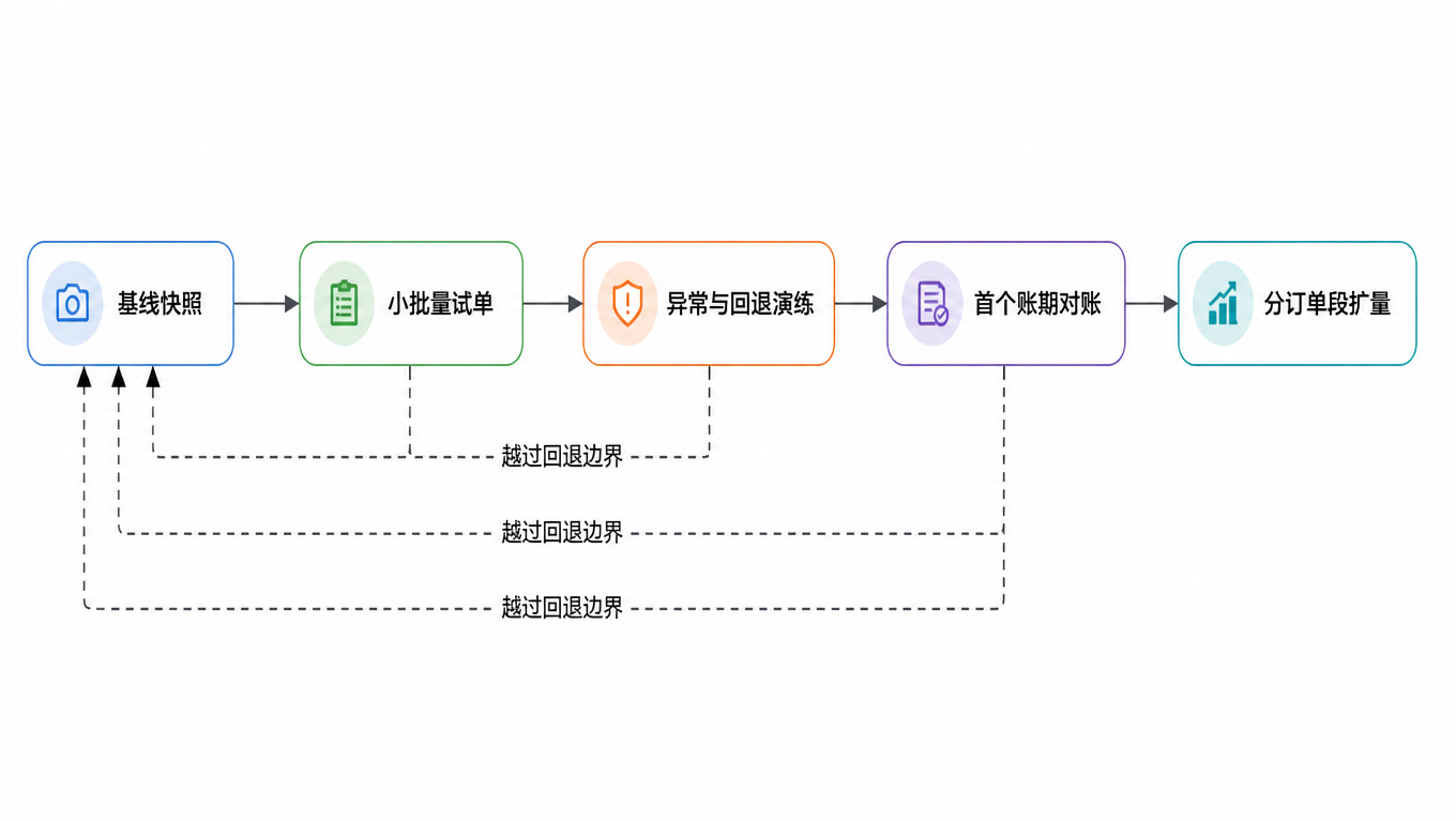 流程图:基线快照、小批量试单、异常与回退演练、首个账期对账、分订单段扩量依次推进,任一阶段越过回退边界都回到基线快照