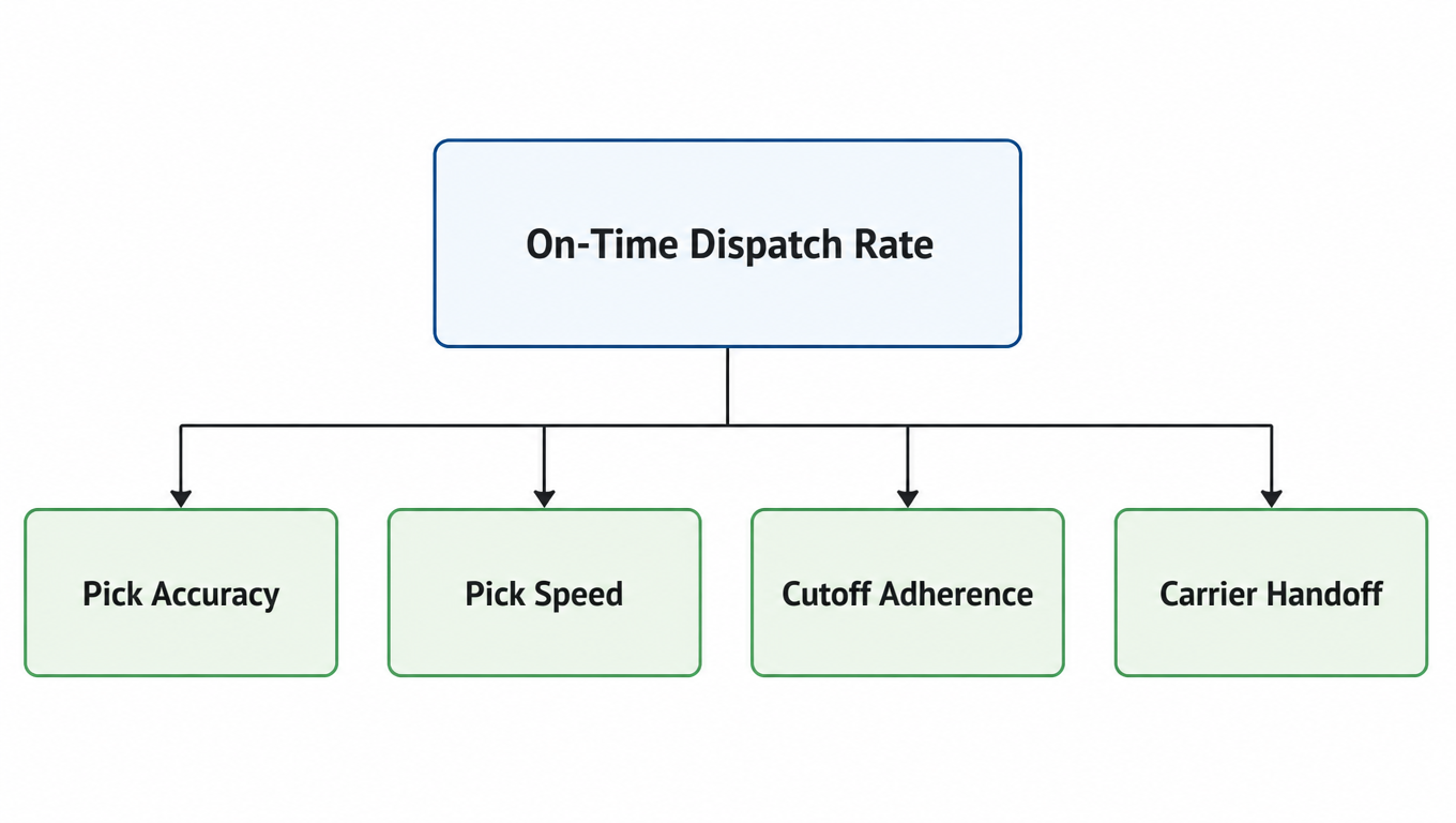 KPI tree: on-time dispatch rate at the root, branching into pick accuracy, pick speed, cutoff adherence, and carrier handoff