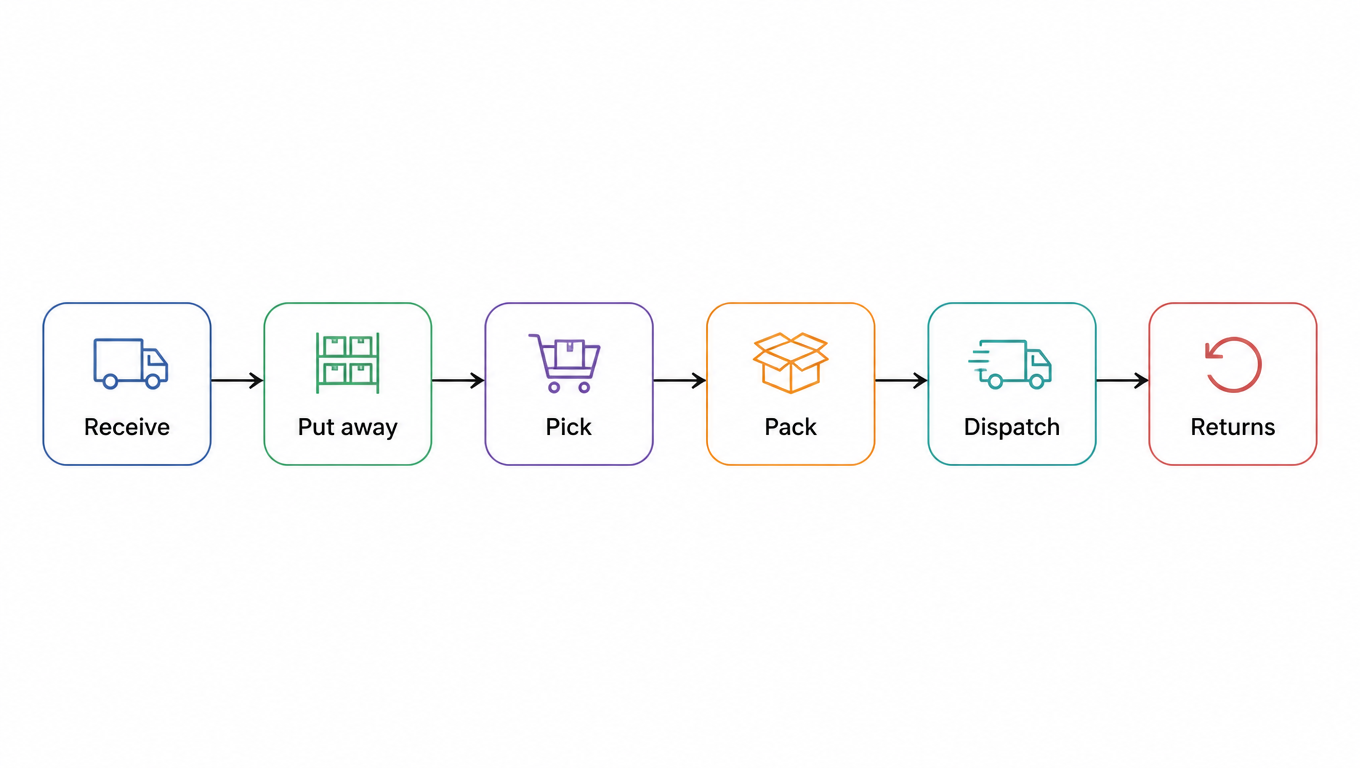 SOP flow chain: receive, put away, pick, pack, dispatch, returns