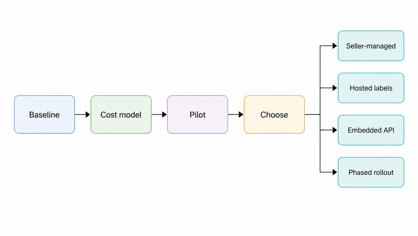 Flowchart: baseline, cost model, pilot, choose, branching into seller-managed, hosted labels, embedded API, phased rollout
