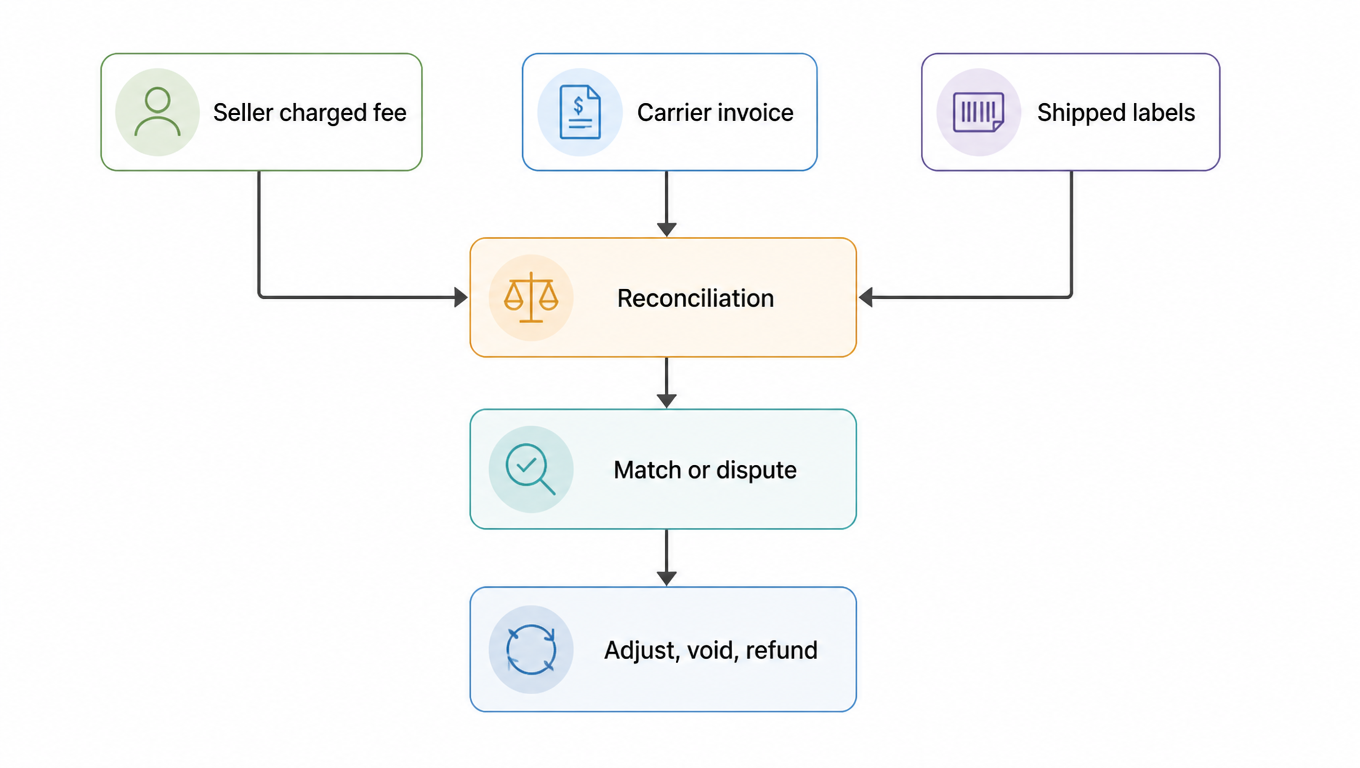 Flowchart: seller fee, carrier invoice, and shipped labels feed into reconciliation, then match or dispute, then adjust, void, refund