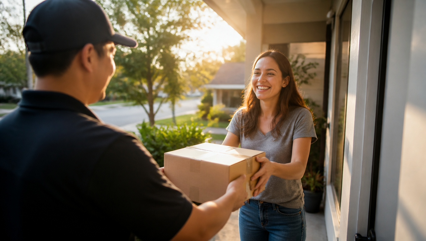 Customer receives a parcel on a sunlit suburban porch.