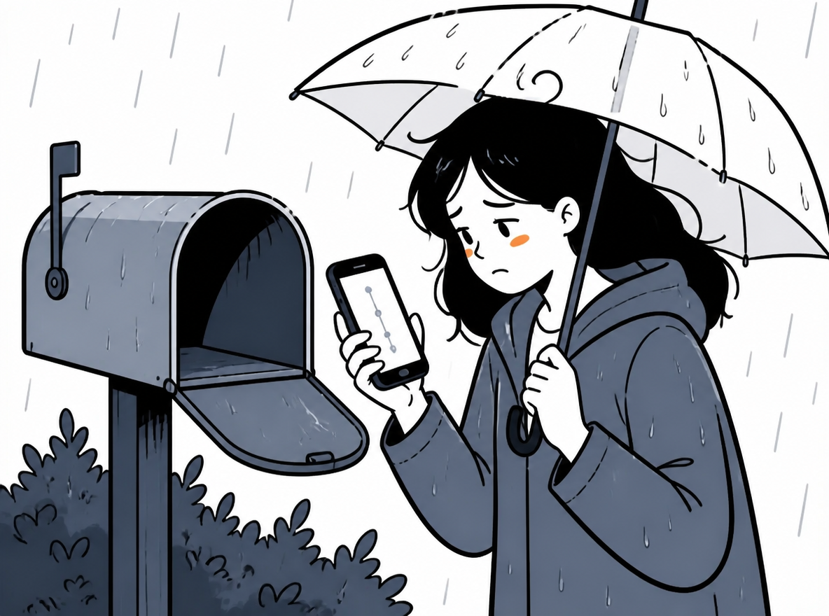 Customer checks an empty mailbox on a rainy night while reading a delivery delay update.