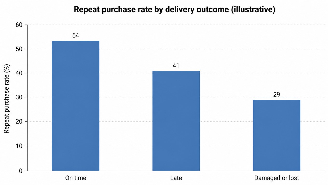 Bar chart: repeat purchase rate by delivery outcome, on time 54%, late 41%, damaged or lost 29%