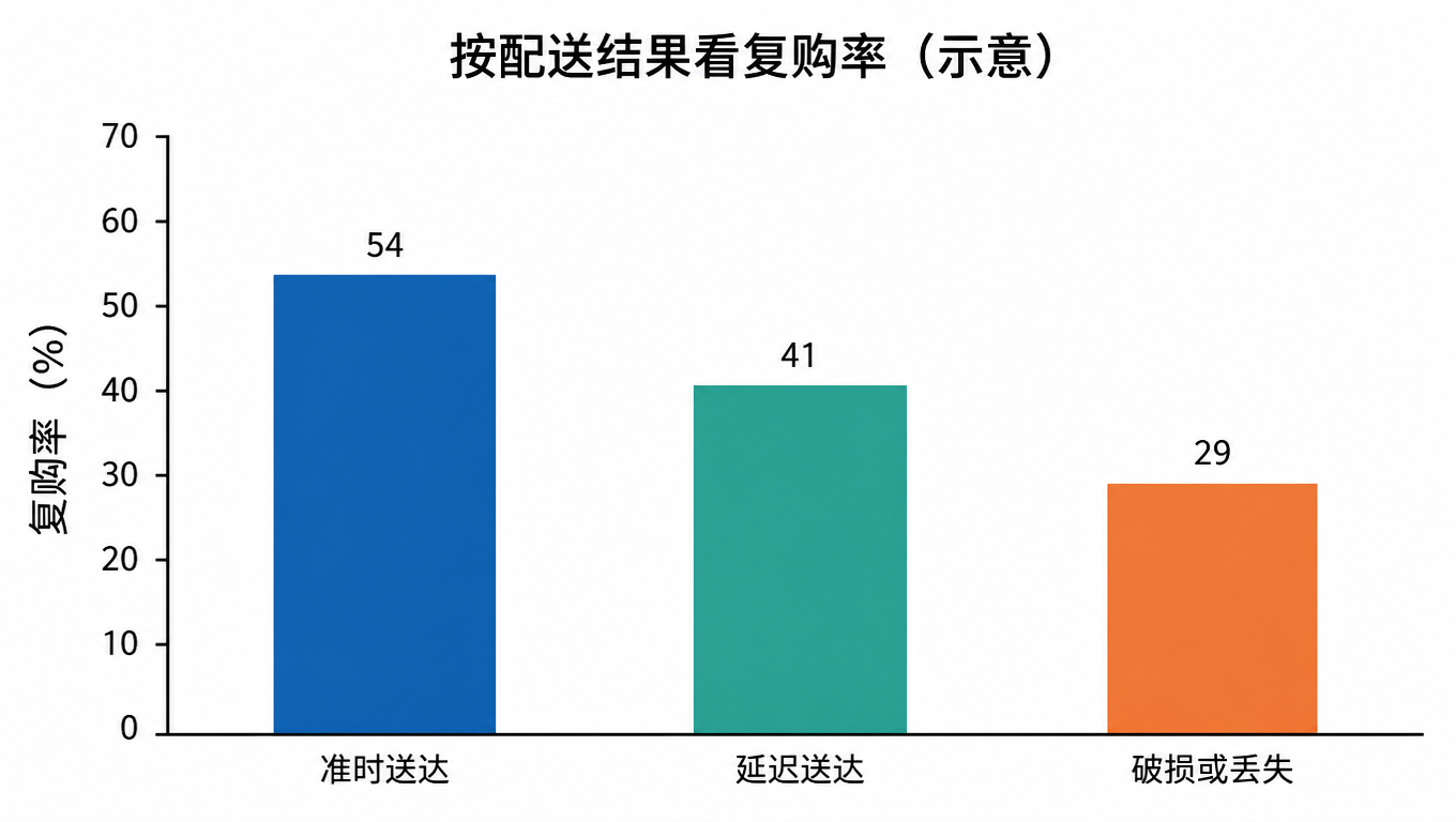 柱状图:按配送结果看复购率,准时送达 54%,延迟送达 41%,破损或丢失 29%