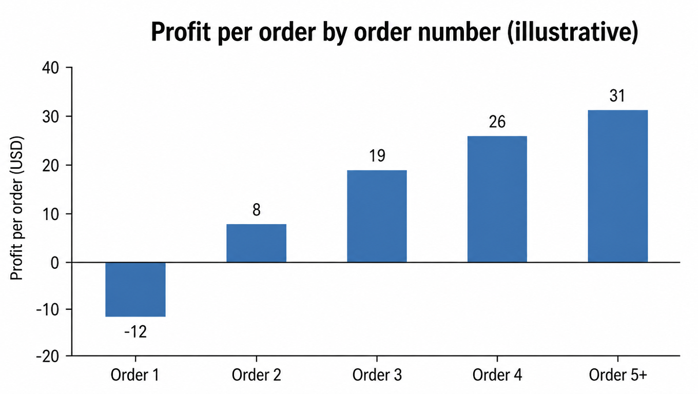 Bar chart: profit per order by order number, order 1 at -12 USD, order 2 at 8, order 3 at 19, order 4 at 26, order 5+ at 31