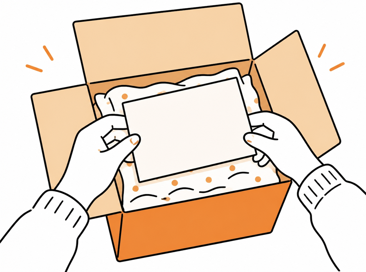 Hands open a parcel containing a handwritten thank-you card.
