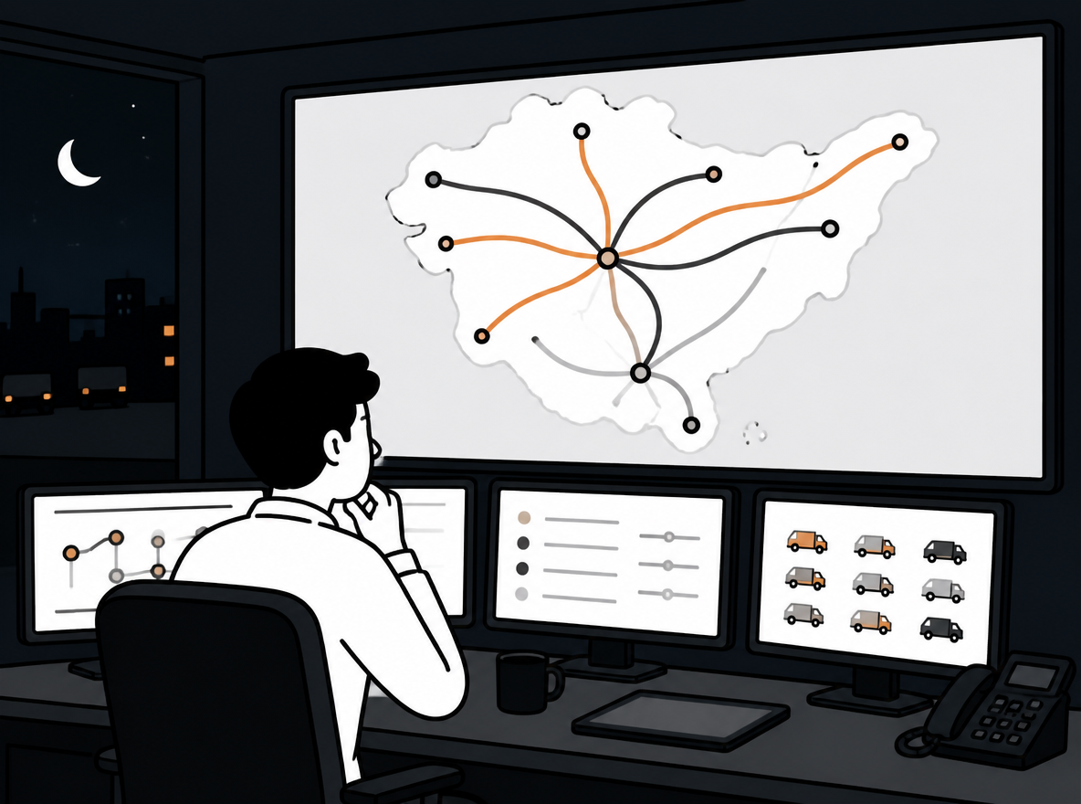 A logistics control room at night, an operator studying a large wall screen showing colored route lines converging on a map of the country
