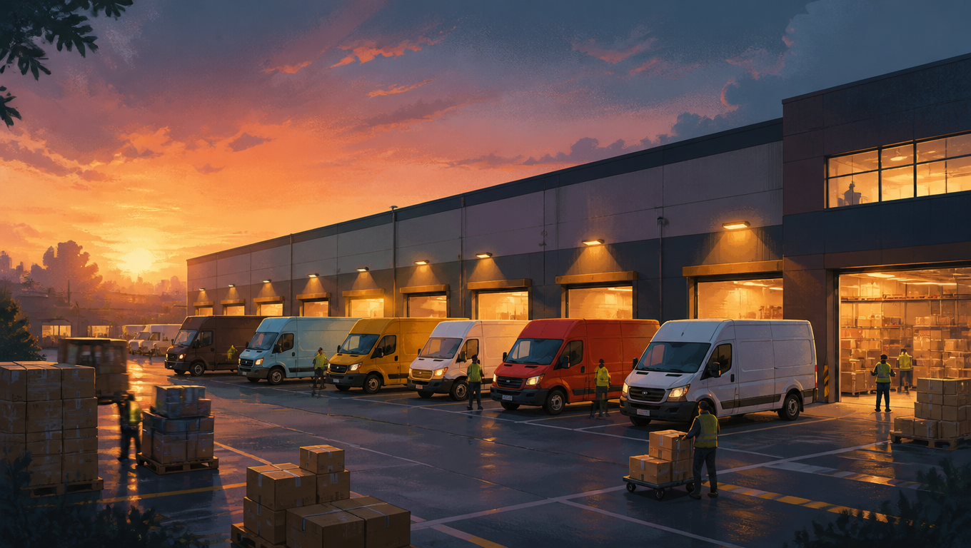 A busy 3PL distribution hub at dusk with parcel vans from several different carriers lined up at the loading docks, warm warehouse lights glowing