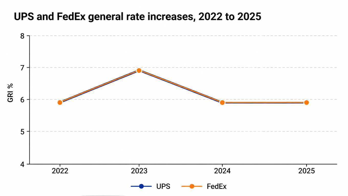 Line chart: UPS and FedEx general rate increases 2022 to 2025 (percent)