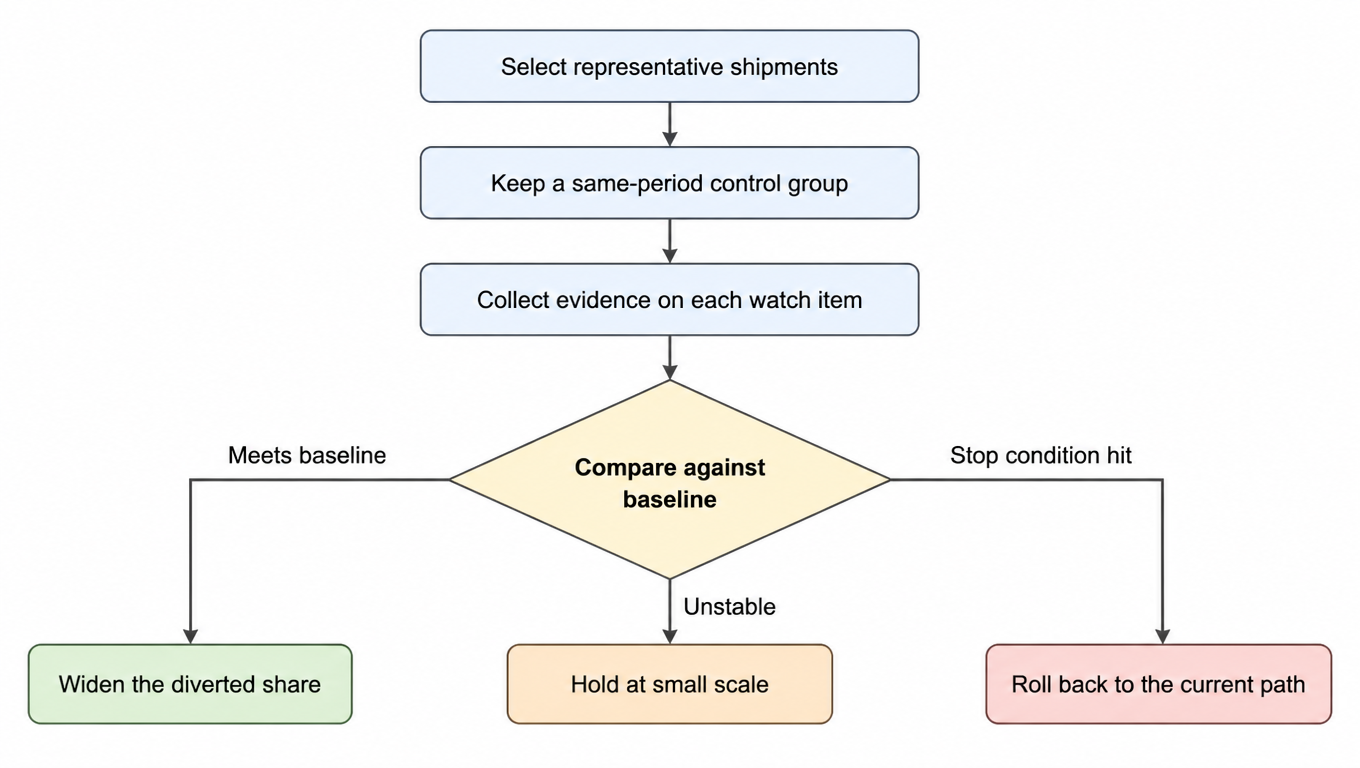 Flowchart: select representative shipments and keep a same-period control group, collect evidence on each watch item, compare against the baseline, then widen the diverted share if it meets the baseline, hold at small scale if results are unstable, or roll back to the current path if a stop condition is hit