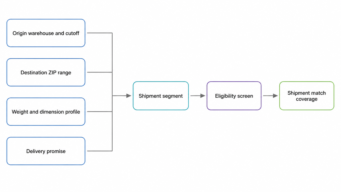 Flowchart: origin warehouse and cutoff, destination ZIP range, weight and dimension profile, and delivery promise together define a shipment segment, which passes an eligibility screen to produce shipment match coverage