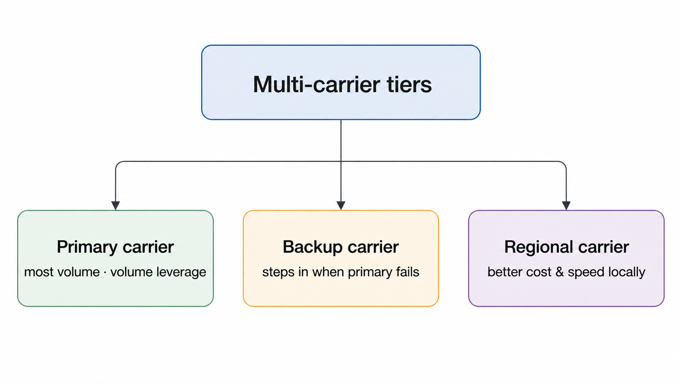 Flowchart: the multi-carrier tier architecture splits into primary carrier (most volume, volume leverage), backup carrier (steps in when the primary fails), and regional carrier (better cost and speed locally)