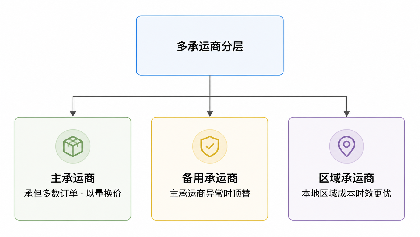 流程图:多承运商分层架构,分为主承运商(承担多数订单、以量换价)、备用承运商(主承运商异常时顶替)、区域承运商(本地区域成本时效更优)三层