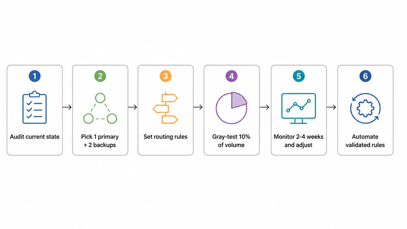 Flowchart: audit current state, pick one primary and two backups, set routing rules, gray-test 10% of volume, monitor for 2-4 weeks and adjust, then automate the validated rules